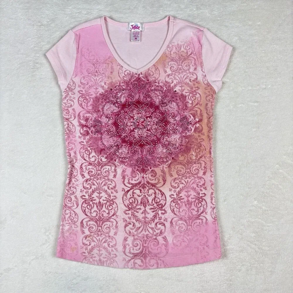 Vintage Y2K Justice Shirt Girls M Pink Boho Medallion VNeck Twee Coquette Fairy